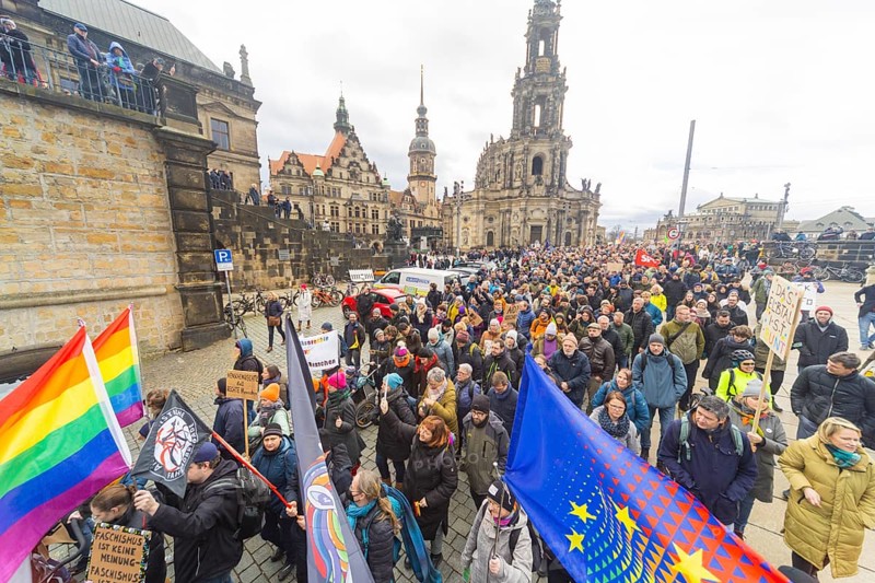 160 organisations and initiatives demonstrated against the right in Dresden on Saturday. Around 10, 000 participants marched from Theaterplatz in front of the Semper Opera House through the city centre, Dresden, Saxony, Germany, Europe