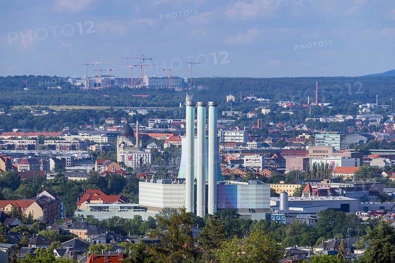 Cityscape Dresden with power station Nossener Brücke, Yenidze and construction site Infineon, distant view of Dresden seen from the west, Dresden, Saxony, Germany, Europe