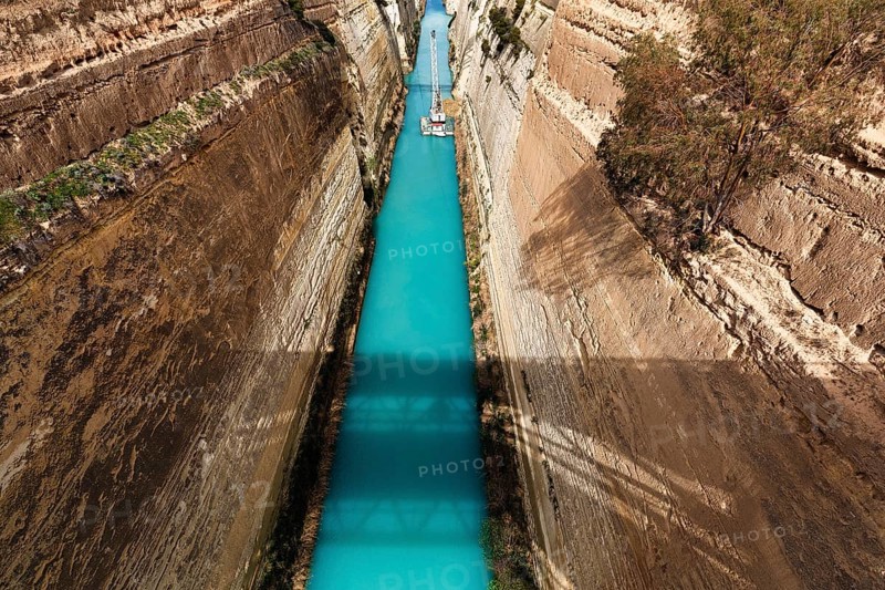 Construction work in the Corinth Canal, restoration after landslide, view of construction cranes, closed to shipping traffic, vertical rock faces, Corinth, Isthmus of Corinth, Greece, Europe