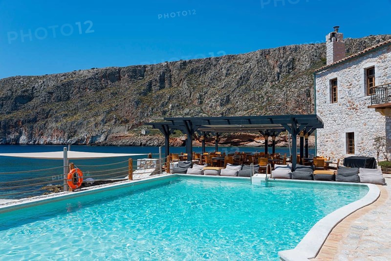 Luxurious swimming pool with sea and mountain views in glorious weather, Hotel Kyrimai, Geromilenas, Mani, Laconia, Peloponnese, Greece, Europe
