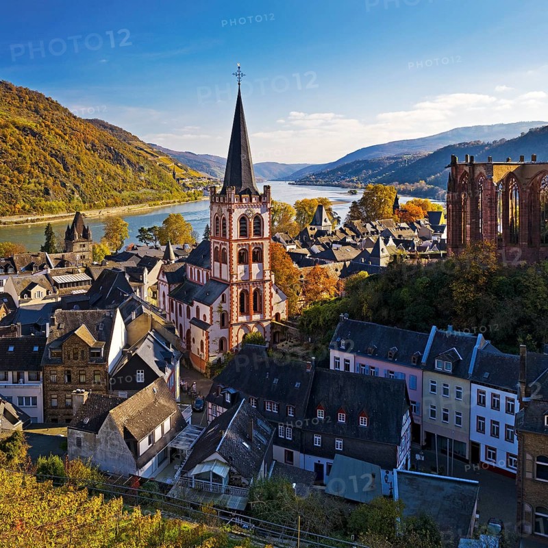 Autumn view of Bacharach on the Rhine with St. Peter's Church, UNESCO World Heritage Upper Middle Rhine Valley, Rhineland-Palatinate, Germany, Europe