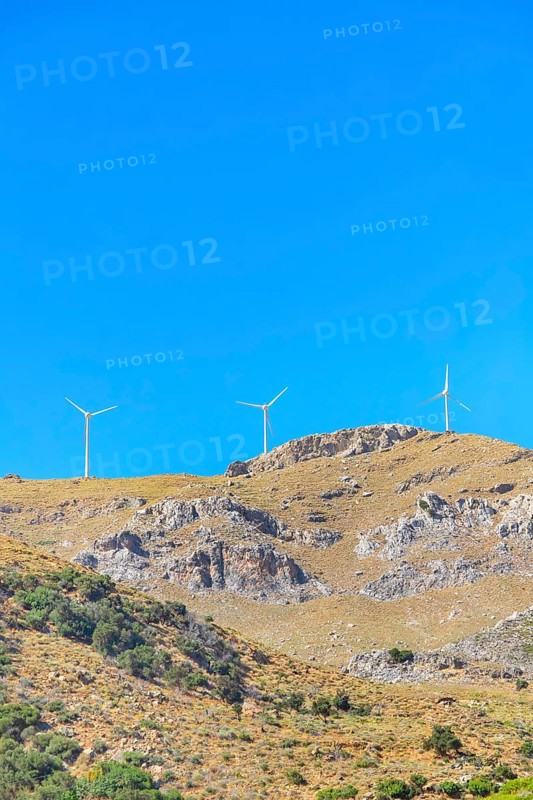 Wind turbines generating electricity, Kerames, Rethymno, Southern Crete, Crete, Greek Islands, Greece, Europe