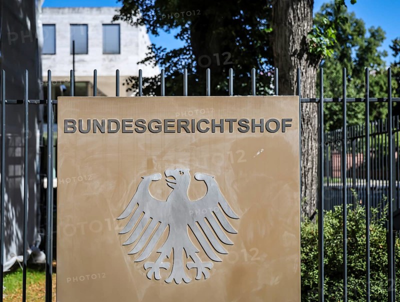 Karlsruhe, Baden-Württemberg, Germany, Federal Court of Justice, sign with the Federal Eagle emblem and lettering in front of the Federal Court of Justice building, Europe