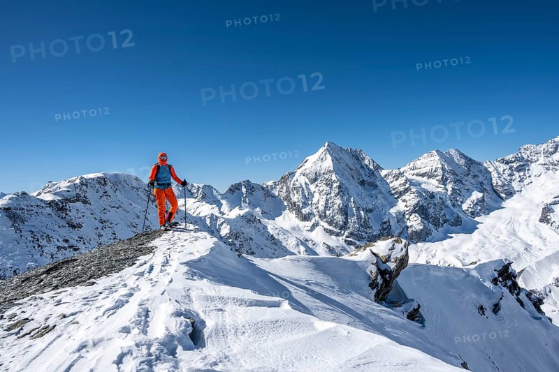 Ski tourers on foot, snow-covered mountain landscape in winter, view of mountain peaks Königsspitze, Monte Zebru and Ortler, Ortler Alps, Vinschgau Valley, Italy, Europe