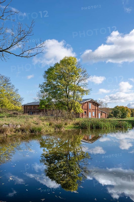 Othenstorf Estate with pond and historic pigsty, built around 1900, Othenstorf, Mecklenburg-Vorpommern, Germany, Europe