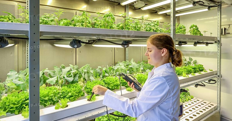 Dinslaken, North Rhine-Westphalia, Germany, Regional vegetable cultivation at the sewage treatment plant. SUSKULT demonstration plant, student environmental engineer, working student, measures the water temperature during vertical cultivation, hydroponic food production system, in which the plants grow soilless using mineral nutrient solutions as part of indoor cultivation. SUSKULT obtains the required resources carbon dioxide, phosphorus, potassium and nitrogen as well as heat and water from a sewage treatment plant, in this case the Emschermündung sewage treatment plant. The Emschergenossenschaft is treading a new path together with the Fraunhofer Institute UMSICHT. In future, wastewater treatment plants will be places of agricultural production, Europe