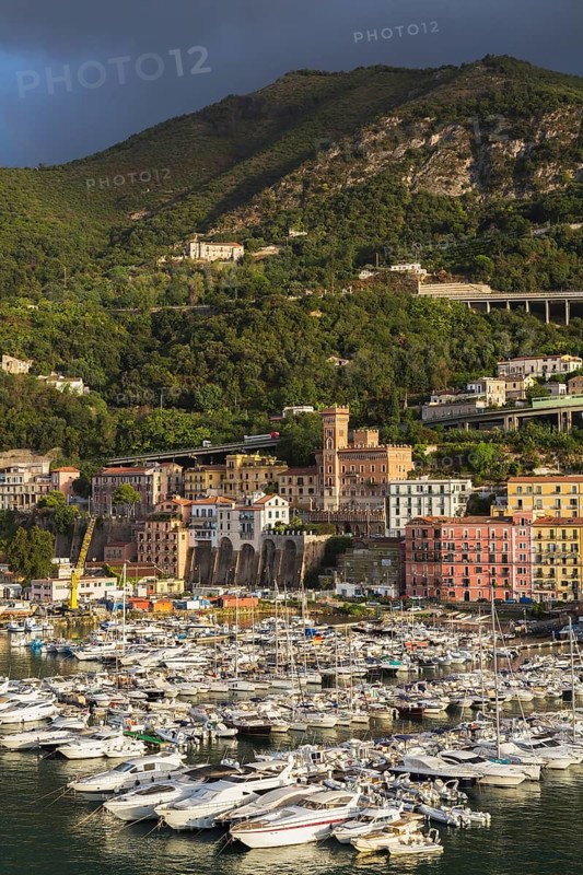 High angle view of marina with luxurious private yachts and sailboats bordered by apartment buildings in late summer, Port of Salerno, Campania region, Italy, Europe