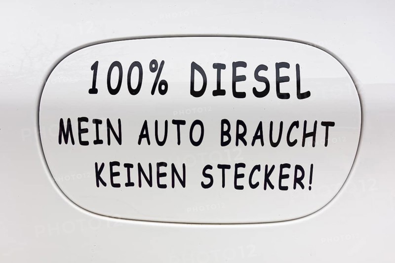Petrol cap sticker on car from e-car opponent, electric car opponent with inscription: !00% Diesel. My car doesn't need a plug, Nuremberg, Franconia, Bavaria, Germany, Europe