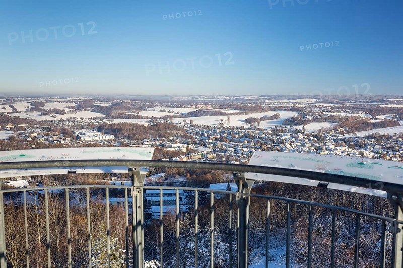 View from the Glückauf Tower of snow-covered Oelsnitz in the Ore Mountains, Saxony, Germany, Europe
