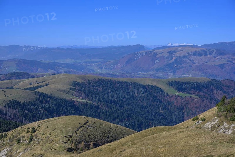 View from the war memorial Sacrario Militare del Monte Grappa to a trench from the First World War, Borso del Grappa, Province of Treviso, Italy, Europe