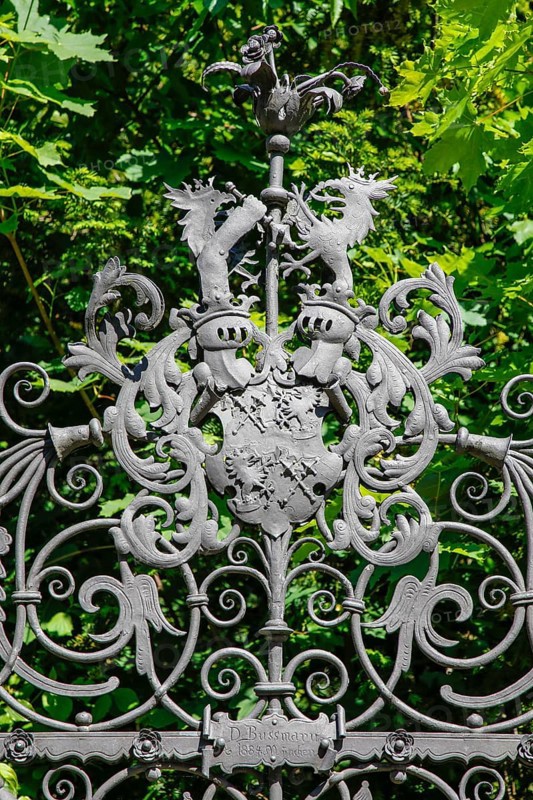 Coat of arms, fence, decorated, Varbüler Castle, Hemmingen Castle, former seat of the barons of Varnbüler, main building today town hall, neo-Gothic, historical buildings, architecture, Hemmingen, Ludwigsburg district, Baden-Württemberg, Germany, Europe