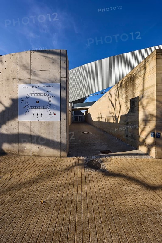 Heinz-Steyer-Stadion, stadium, side entrance, location board, concrete building, deep blue sky with cirrostratus clouds, Weißeritzstraße, Dresden, state capital, independent city, Saxony, Germany, Europe
