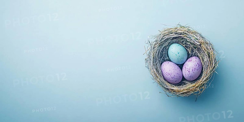 Small easter nest with purple painted eggs on blue background with copy space. Generative AI, AI generated