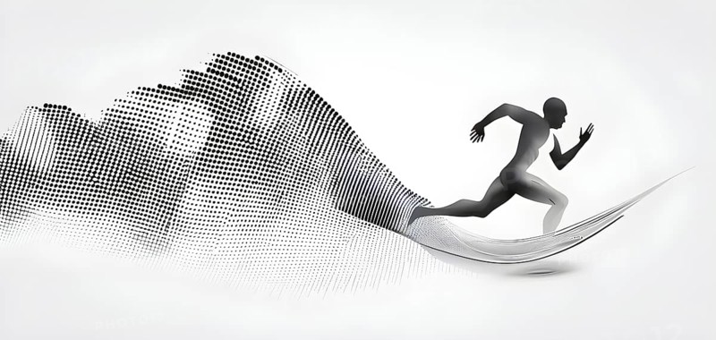 Wave of data points shaping into a runners silhouette, abstract illustration in black and white, conveying speed and precision guided by AI, AI generated