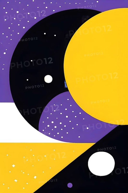 Minimalist illustration featuring abstract shapes in purple and yellow color accent symbolizing fun and ease, AI generated