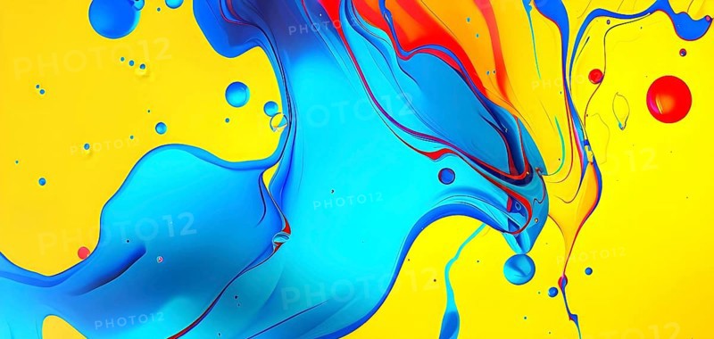 Abstract image with vibrant blue and red blobs and liquid shapes on a yellow background, AI generated