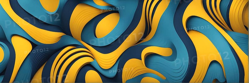Seamless abstract pattern of vector fluid curved lines creating a dynamic ripple effect in vibrant colors of blue and yellow, AI generated