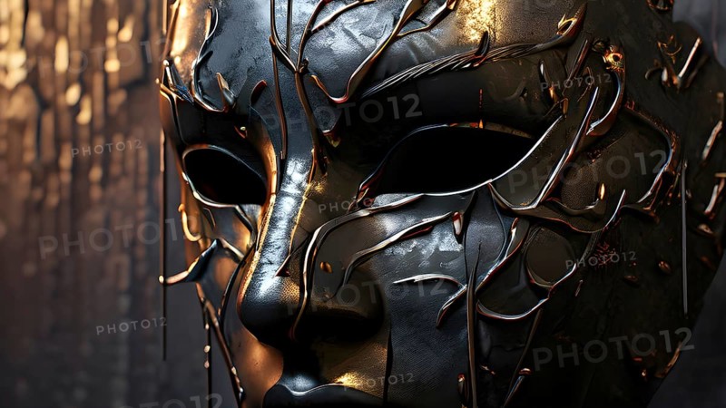 3d rendering of a mask adorned with tears suspended on a wall, AI generated