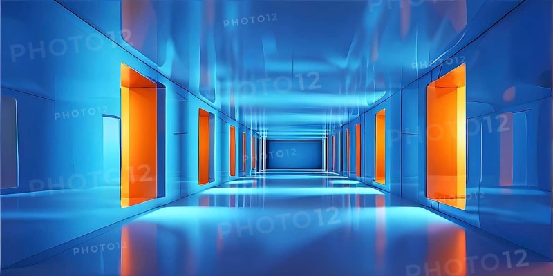 Windows aligned within an elongated tunnel permeated with gradients of blue and orange hues, AI generated