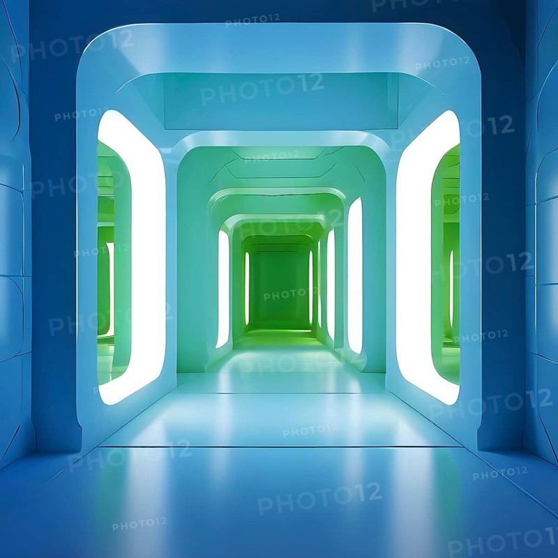 Windows aligned within an elongated tunnel permeated with gradients of blue and green hues, AI generated