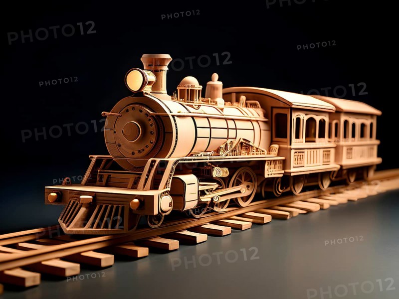Vintage wooden locomotive toy with a playful design in front of a dark background, AI generated
