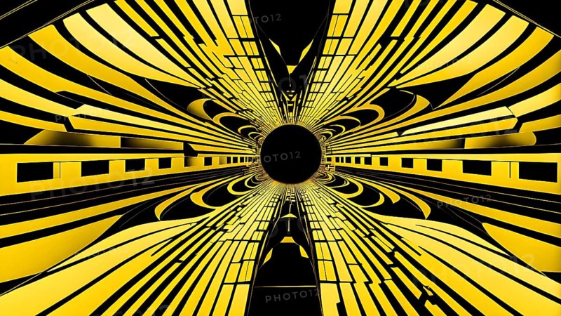 Abstract geometric pattern tunnel structure embodying data streams and communication in yellow hues, AI generated
