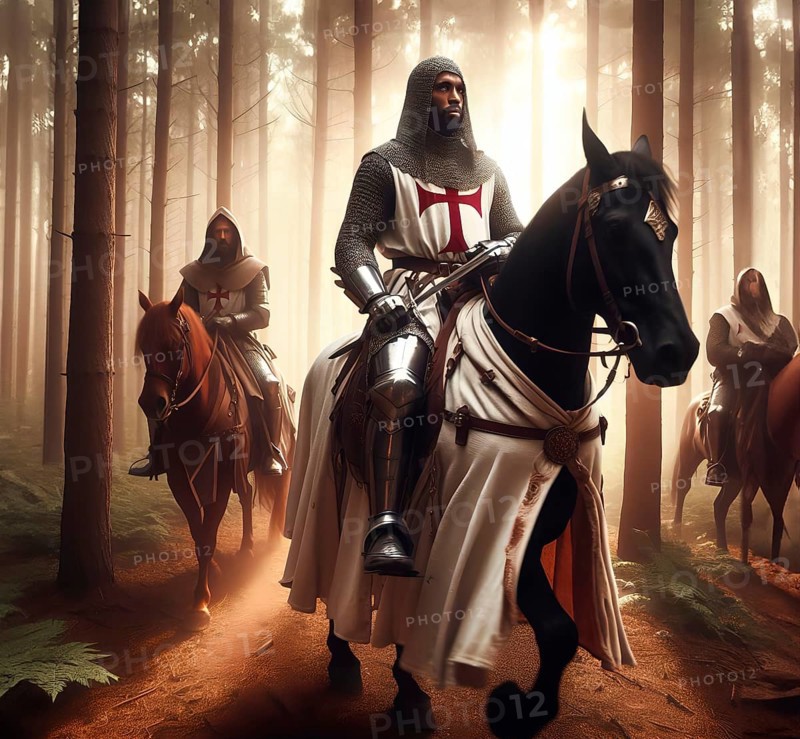 Medieval knights with the cross of the Knights Templar ride on horseback in armour through a forest, AI generated, AI generated