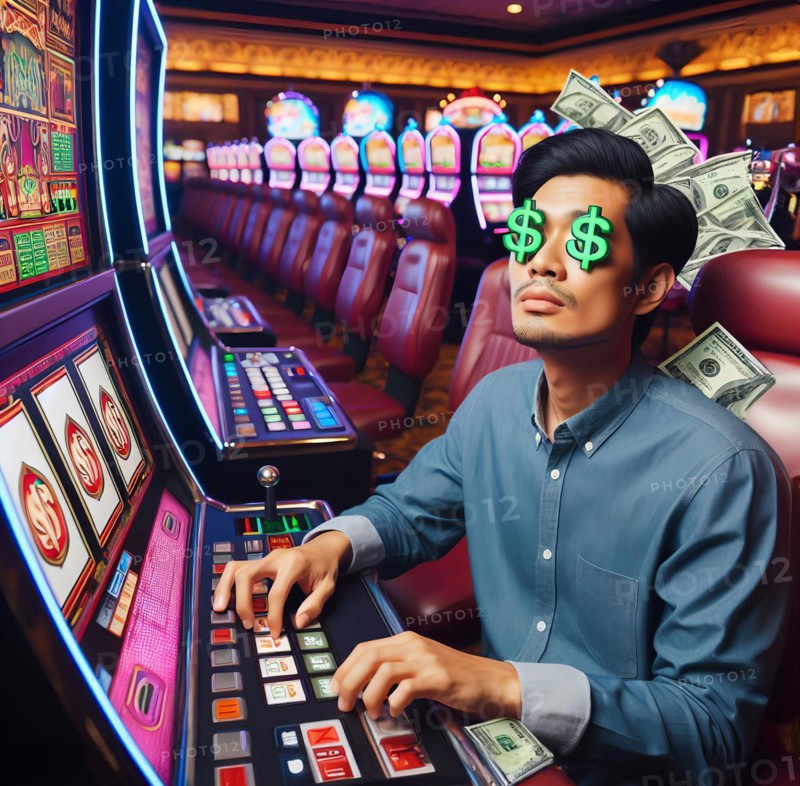 A man sits in a casino with dollar signs in his eyes, symbolic image gambling addiction, addiction, gambling, gambling den, debt, money, finance, AI generated, AI generated
