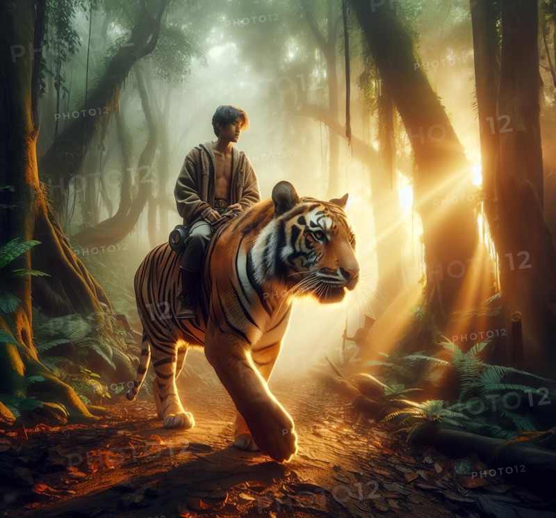A boy rides a tiger through the jungle, symbolic image mythology, Jungle Book, AI generated, AI generated