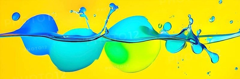 Abstract image with vibrant blue and red blobs and liquid shapes on a yellow background, AI generated