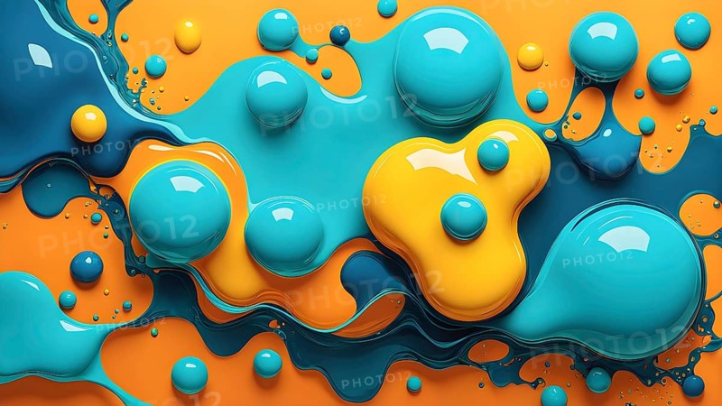 Abstract wallpaper with colorful turquoise and yellow blobs and liquid shapes on a orange background, AI generated
