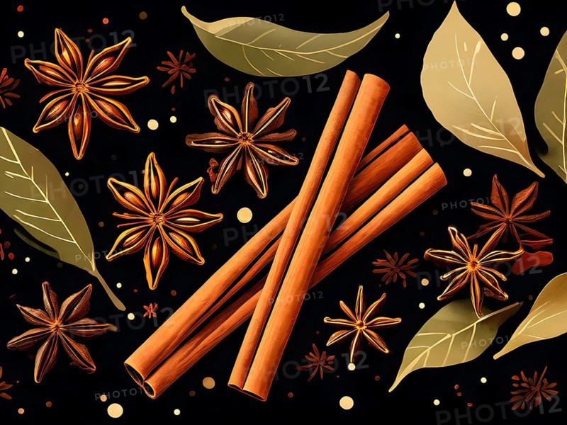 Abstract wallpaper illustration of Christmas spices like cinnamon sticks, star anise, and cloves, AI generated