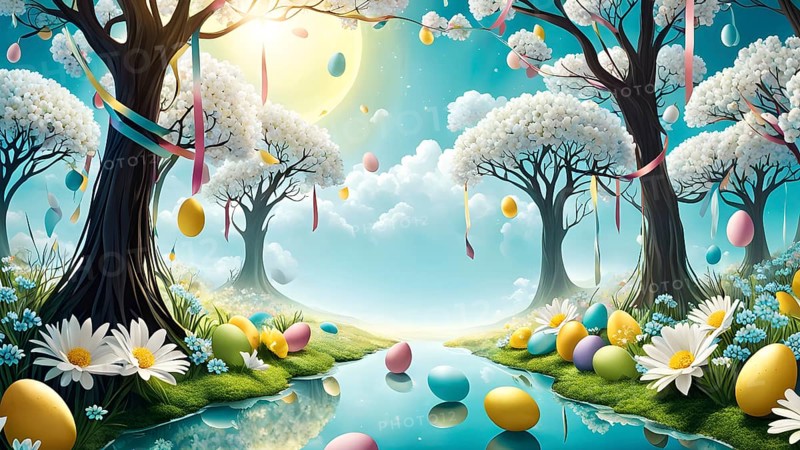 Surreal Easter scene with floating eggs, ribbons, and flowers in a dreamlike, whimsical composition of light and shadow, AI generated