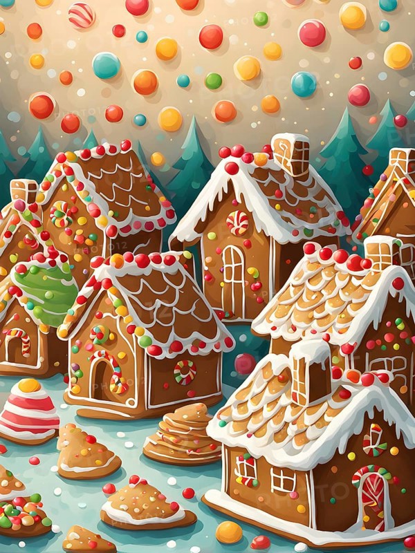 Abstract wallpaper illustration of of gingerbread house decoration, AI generated