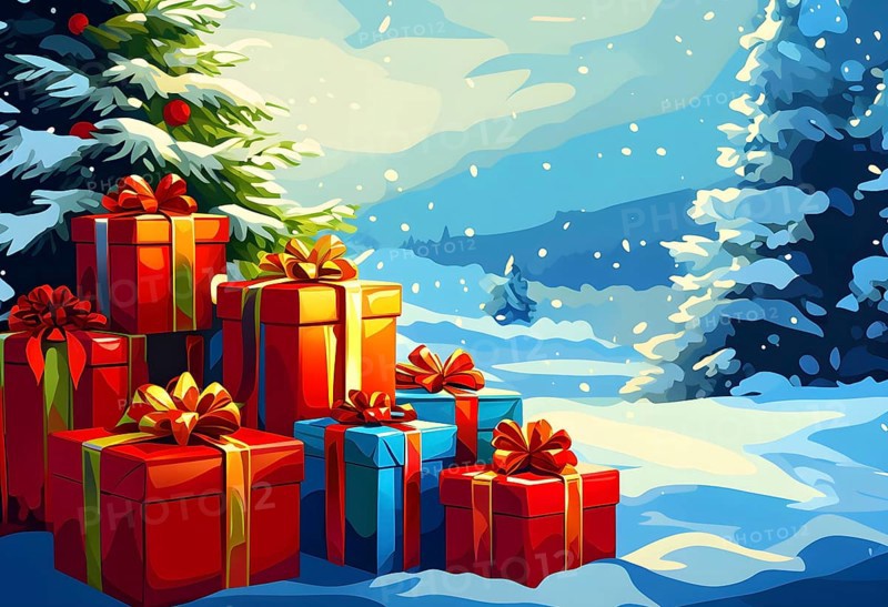 Abstract illustration of wrapped Christmas gifts, shiny ribbons and bows, stacked under a snow-dusted evergreen tree in a snowy outdoor setting, AI generated