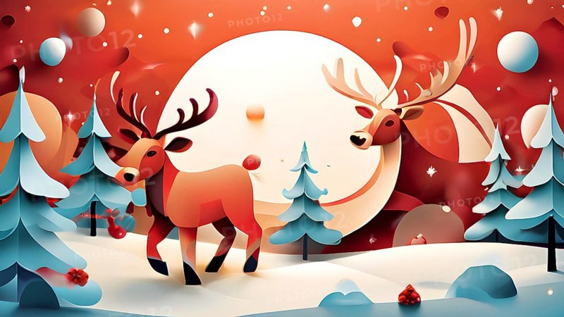 Whimsical abstract scene with stylized reindeer and sleighs to capture the magic of Christmas, AI generated