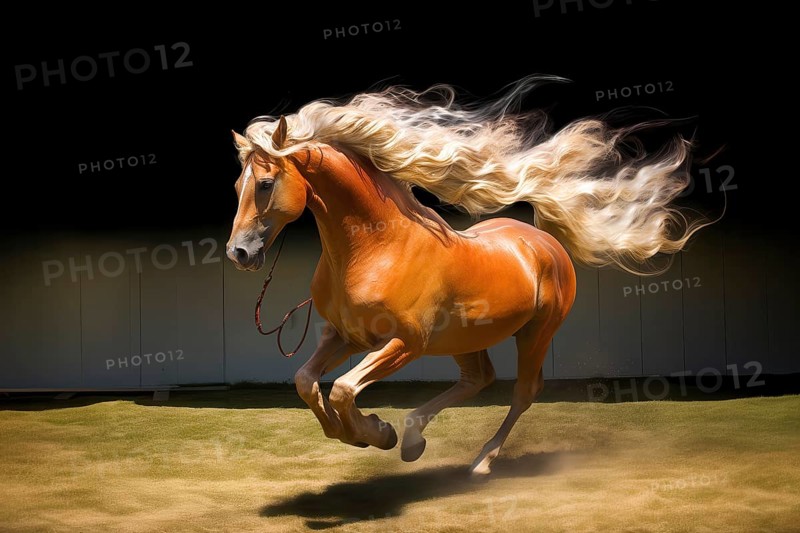Brown horse with flamboyant mane exercising in a manege, AI generated