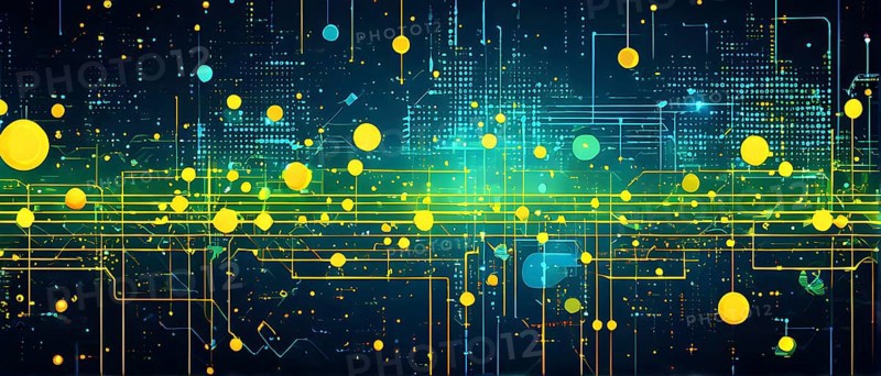 Abstract wallpaper illustration, symbol for artificial intelligence, lines, dots and pattern, vibrant yellow green and blue hues, AI generated