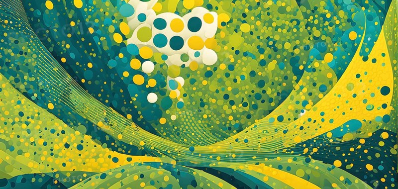 Abstract wallpaper illustration, symbol for artificial intelligence, lines, dots and pattern, vibrant yellow green and blue hues, AI generated
