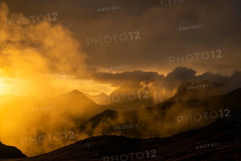 Montafon mountains with dramatic cloudy sky at sunset, Tschagguns, Rätikon, Montafon, Vorarlberg, Austria, Europe
