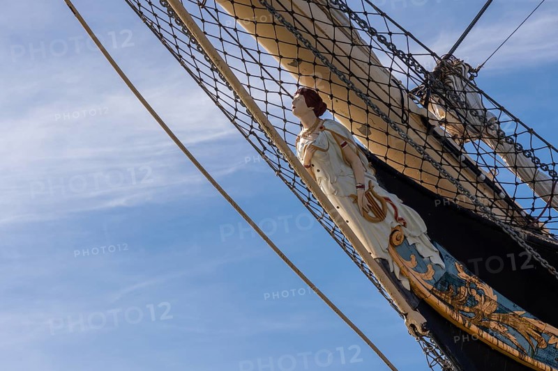 Figure of the crowd, one of the titanic muses in Greek mythology, figurehead, steel four-masted barque Pommern, windjammer with jubilee rig, Maritime Museum, Mariehamm, Åland or Aland Islands, Finland, Europe