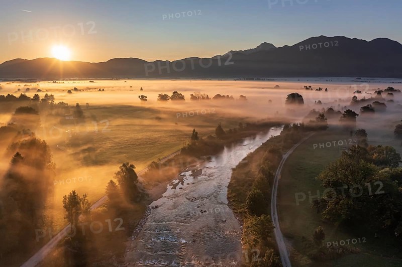 Aerial view of a river in front of mountains in the morning light, fog, summer, Loisach, view of Benediktenwand, Alpine foothills, Upper Bavaria, Bavaria, Germany, Europe