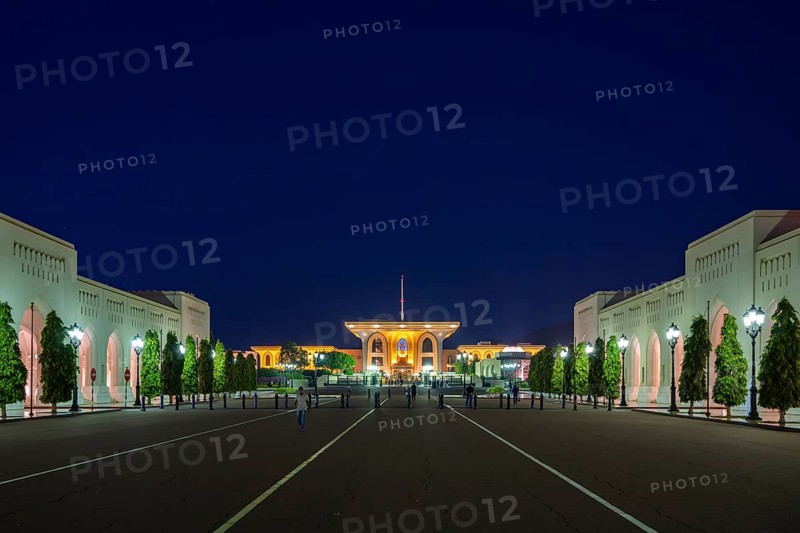Illuminated Sultan's Palace at night, Al Alam Palace, Muscat, Oman, Asia