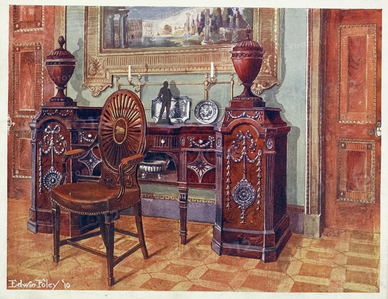 Furniture around the turn of the century 1900, Sideboard with carved mahogany pedestal, Oval wheel-back master's chair (1910, 1911), Carved mahogany pedestal sideboard, Oval wheel-back master's chair (1910, 1911) .jpg