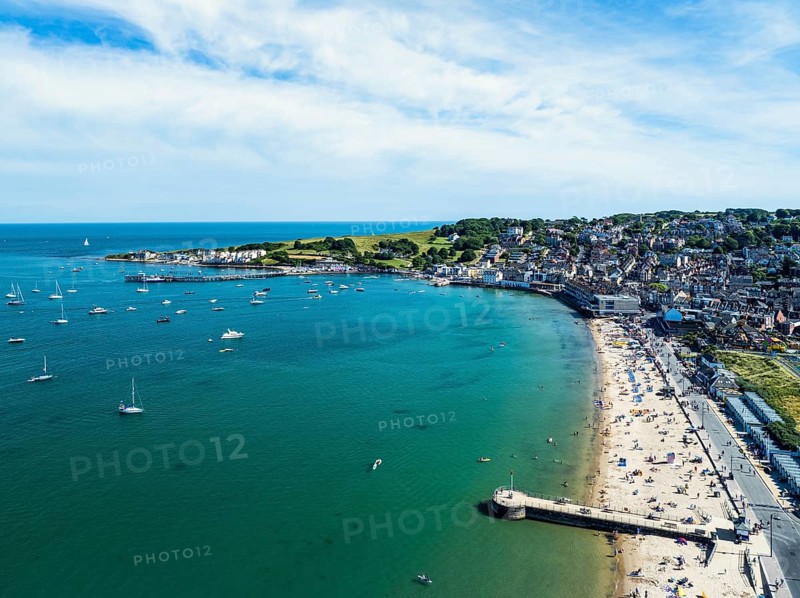 Swanage and Swanage Bay from a drone, Jurassic Coast, Dorset Coast, Poole, England, United Kingdom, Europe