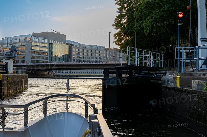 Bow of a motor vessel in the Mühlendamm lock, Berlin, Germany, Europe
