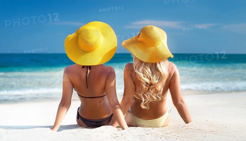 Two young woman on the beach in the Caribbean, Studio