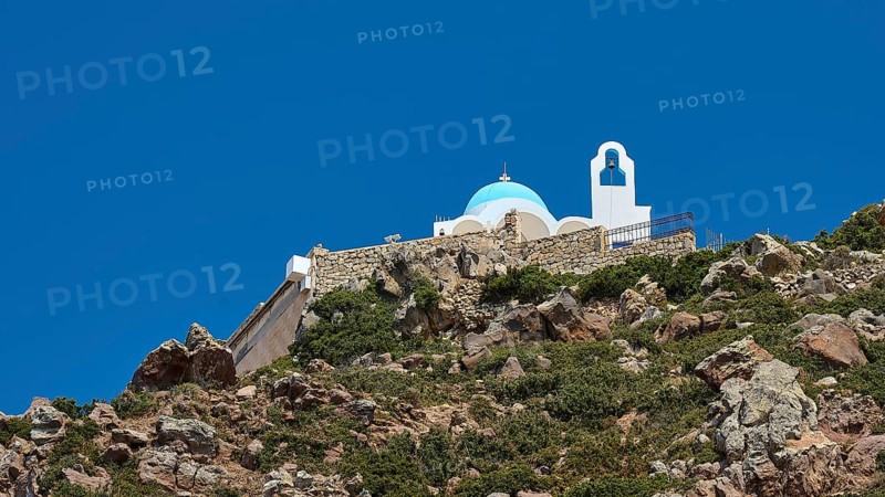 White-blue church on a rock under a clear blue sky, Church of Profitis Ilias, above Nikia, Nikia, Nisyros, Dodecanese, Greek Islands, Greece, Europe