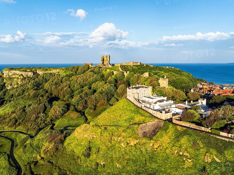 Scarborough Castle from a drone, Scarborough, North Yorkshire, England, United Kingdom, Europe