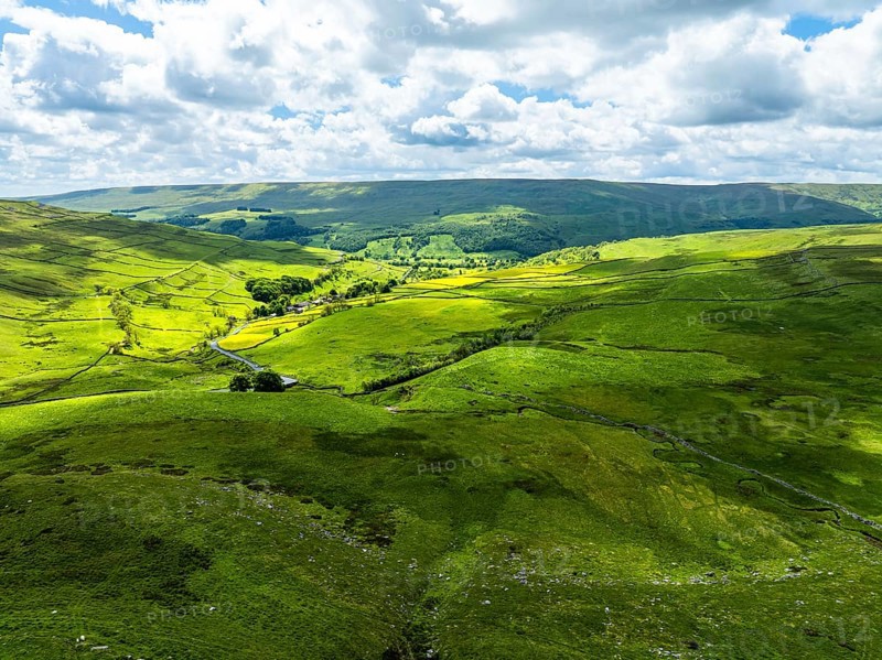 Meadows and Hills over Wharfedale from a drone, Cray, Skipton, Yorkshire Dales, North Yorkshire, England, United Kingdom, Europe